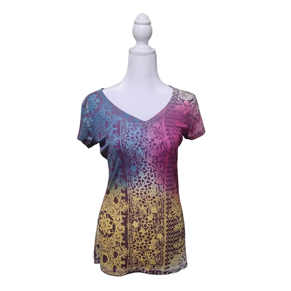 Curious Gypsy T-shirt Multi-Colored V-neck Casual Women's Size Medium